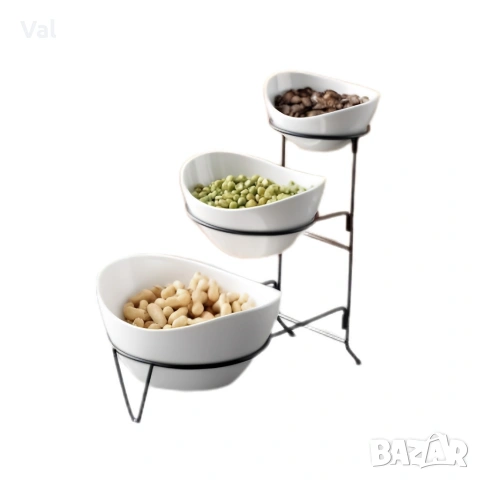Комплект 3 керамични купи зав ядки на три нива с метална стойка