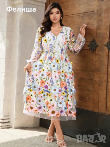 Бутикова Елегантна Ванилово Бяла Дантелена Бродирана Рокля с 3Д Пастелни Цветя и Шик Буфан Ръкав , снимка 5 - Рокли - 50812292