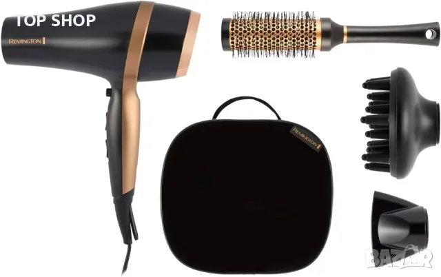 Сешоар Remington подаръчен комплект с концентратор и дифузер, керамичен, йонен, чанта, 2000 W, черен