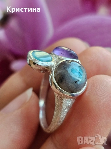 Красив сребърен пръстен с Лабрадорит, Аметист и Халцедон, снимка 2 - Пръстени - 54234681