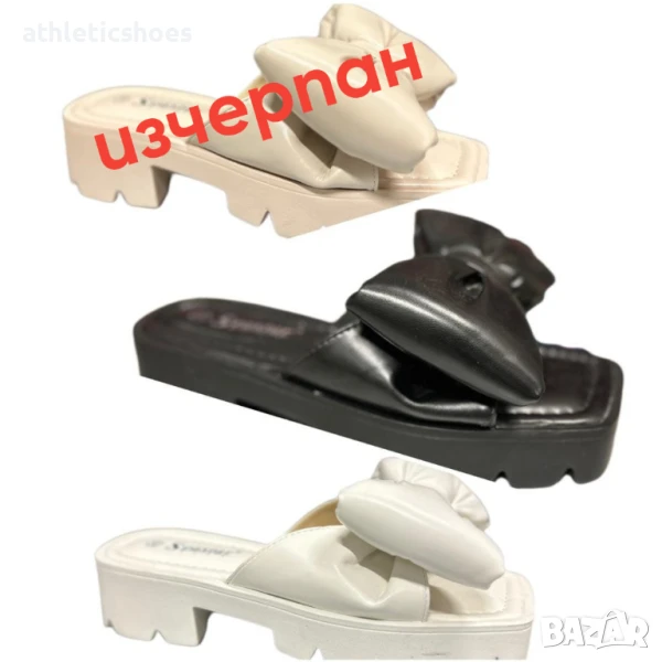 Дамски кожени чехли на платформа с панделка, снимка 1