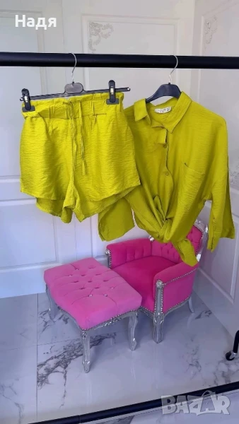 Нов ефирен комплект от риза и панталонки цвят горчица, снимка 1