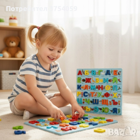 Дървена образователна дъска с руска азбука и животни - 910311