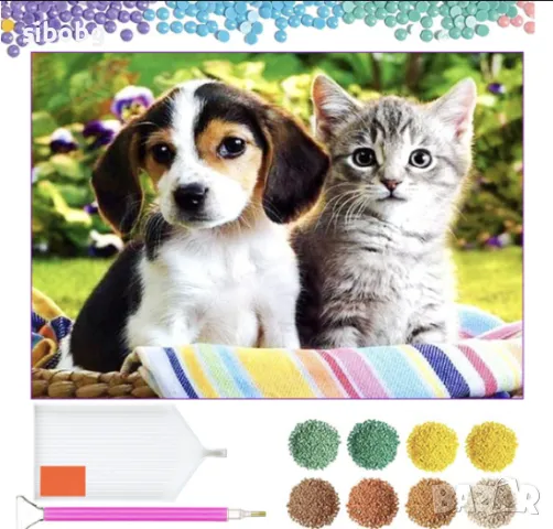 Диамантен Гоблен H16215 -  Куче и Котка, снимка 1