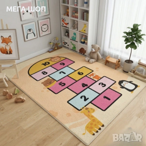 Детски килим за игра 120х160см - Пясъчен килим с жирав и розова дама, противоплъзгащ и миещ се