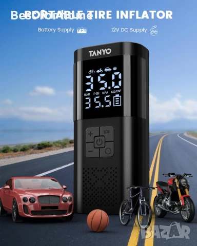 Електрическа въздушна помпа TANYO с USB LED светлина за кола, велосипед, мотоциклет, топка, снимка 2 - Друга електроника - 50505869