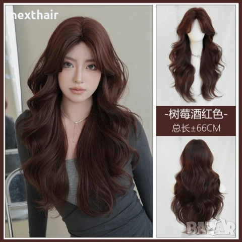 Кестенява чуплива перука с дълъг бретон, снимка 2 - Аксесоари за коса - 51310196