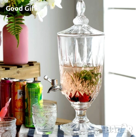 Луксозен стъклен диспенсър за сок и напитки 3L с капак и кранче, снимка 5 - Други стоки за дома - 52236273