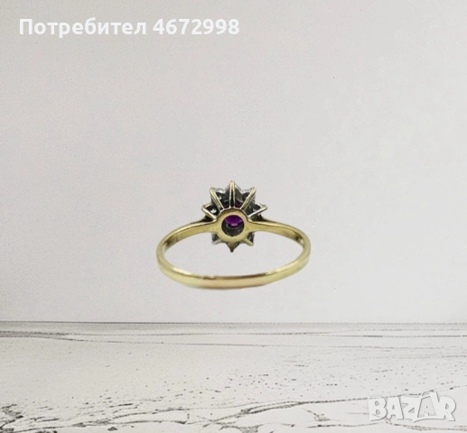 Златен пръстен с диаманти и рубин 14к, снимка 7 - Пръстени - 53266122