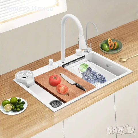 Модерна Кухненска мивка с функция водопад Луксозна Мултифункционална 68 х 46см Бяла, снимка 4 - Мивки - 51196164