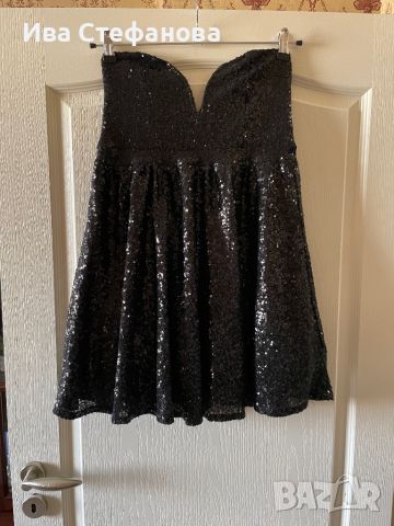 Нова висока талия парти коктейлна официална черна рокля пайети широк лежерен модел тип бюстие , снимка 5 - Рокли - 46483567