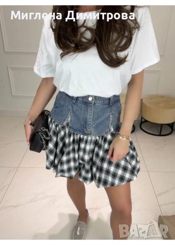 Пола в комбинация с деним и каре, снимка 3 - Поли - 53253411