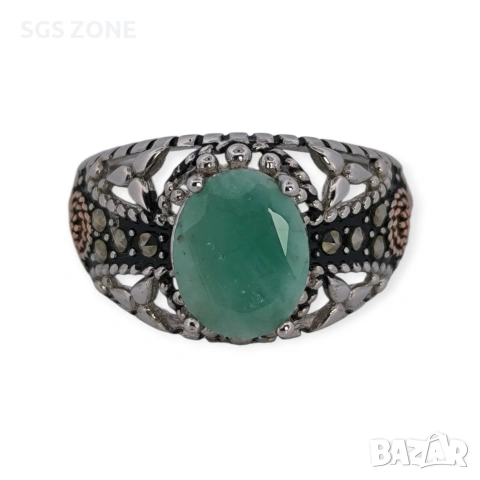 Мъжки сребърен пръстен с изумруд и марказит, снимка 4 - Пръстени - 53370966