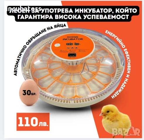 Инкубатор за 30 яйца с автоматичен контрол на температурата, дисплей за влажност