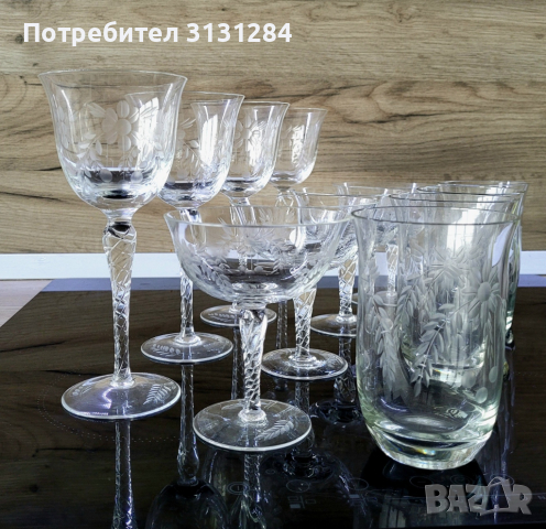 WMF Уникален антикварен комплект кристални гравирани чаши  Германия 40-те, снимка 2 - Други ценни предмети - 44993196