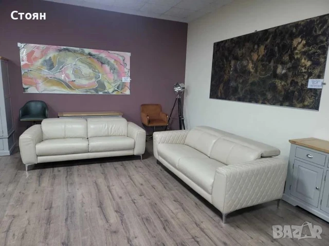 ПРОМОЦИЯ!!! Комплект кремави кожени дивани две тройки, снимка 2 - Дивани и мека мебел - 50659075