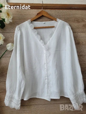 Бяла блуза памучна материя с дантела , снимка 5 - Блузи с дълъг ръкав и пуловери - 50656207