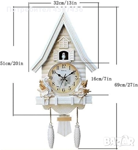 Бял стенен часовник с кукувица,форма на къща,безшумен, регулируема сила на звука, снимка 18 - Стенни часовници - 52116104