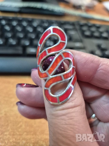 сребърен пръстен с корал, снимка 3 - Пръстени - 53241108