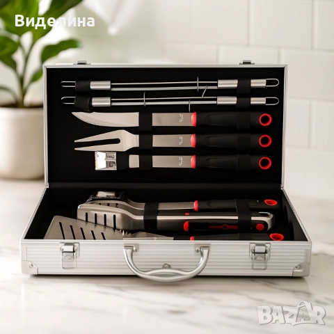 Луксозен комплект от 11 инструмента за барбекю в алуминиев куфар, снимка 2 - Барбекюта - 51949730