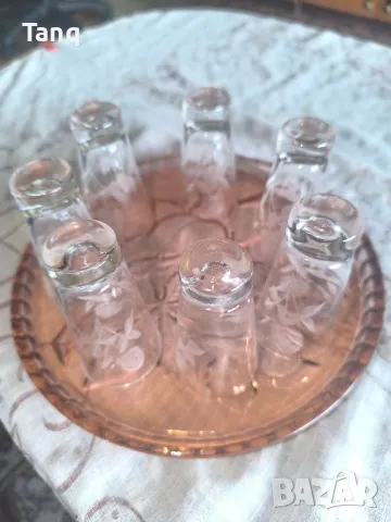 Стъклен гравиран поднос с ракиени стъклени чаши(НОВИ)