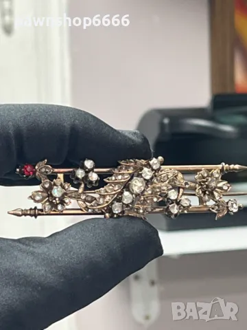  Антична отоманска игла-брошка от 19-ти век с 8K розово злато и диаманти, снимка 2 - Антикварни и старинни предмети - 49270154