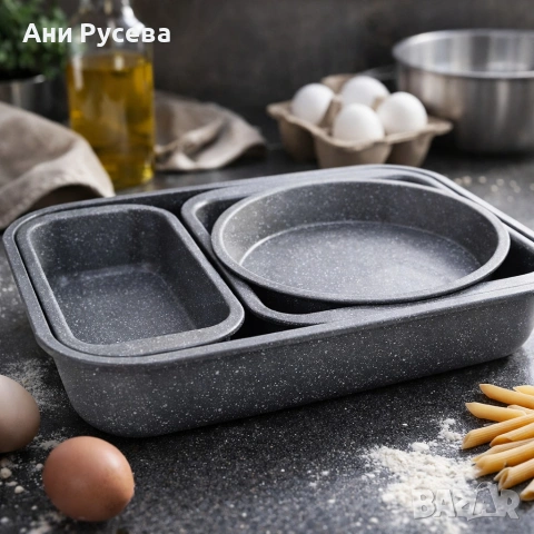 Комплект 4 тави за печене Cheffinger с мраморно незалепващо покритие – различни форми, снимка 3 - Съдове за готвене - 53359132