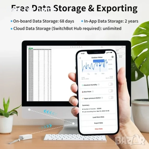 Смарт термометър и влагомер SwitchBot Meter Plus – Bluetooth, голям дисплей и известия на телефона, снимка 2 - Друга електроника - 52968112