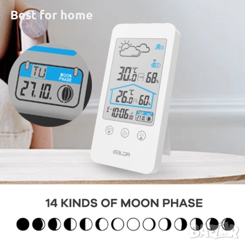 Метеорологична станция за вътрешна и външна употреба, прогноза за времето, функция за фаза на луната, снимка 4 - Друга електроника - 52178468