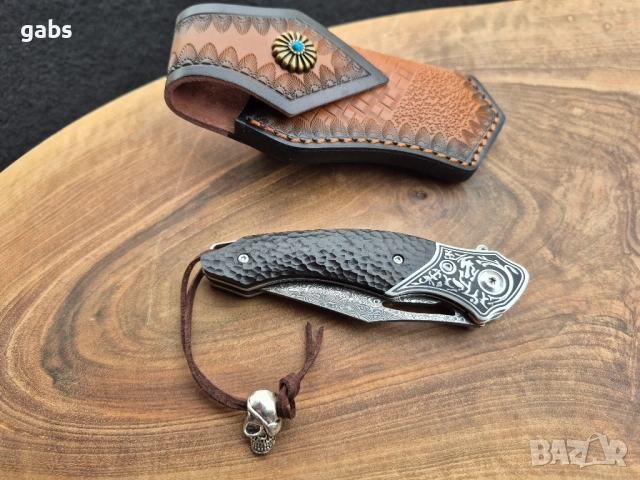 Уникален сгъваем нож дамаска стомана с кожена кания, снимка 4 - Ножове - 52325439