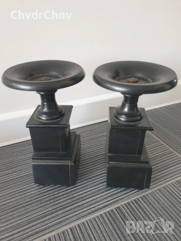 2бр стари мраморни свещници 22см-4кг/чифт декорации за мраморен каминен часовник, снимка 2 - Антикварни и старинни предмети - 51302103