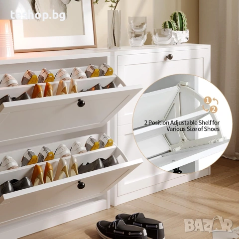 Шкаф за обувки VOWNER с 2 падащи чекмеджета бял, снимка 3 - Шкафове - 53476874