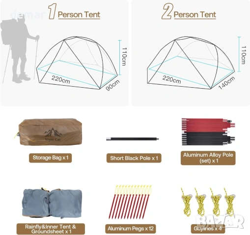 Палатка Night Cat за 1 човек, ултралека: Палатка за 1 човек, водоустойчива, снимка 7 - Палатки - 53425498