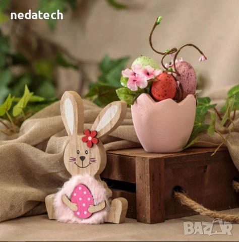 Великденска декорация дървено зайче с розова козина и яйце, 10x1.5x15 см., снимка 2 - Декорация за дома - 53202367