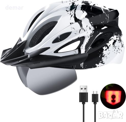 RaMokey Велосипедна каска с LED светлина, магнитни очила, сенник, регулируем размер 57-62 см, бяла, снимка 2 - Спортна екипировка - 45783598