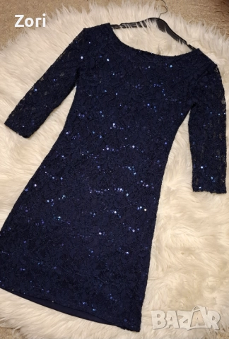 Блестяща тъмносиня дантелена рокля с пайети, снимка 2 - Рокли - 52583943