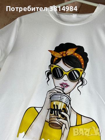 Дамска бяла тениска с рисунка на момиче + ПОДАРЪК слънчеви очила, снимка 2 - Тениски - 46432959