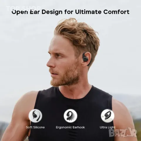 Слушалки Tribit OpenGo Open-Ear, Bluetooth, Ергономични кукички за уши, 104 ч, IPX5, черни, снимка 4 - Безжични слушалки - 49511648