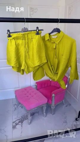 Нов ефирен комплект от риза и панталонки цвят горчица