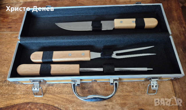 комплект за барбекю в метално куфарче, от 3 части, неръждаема стомана и естествено дърво