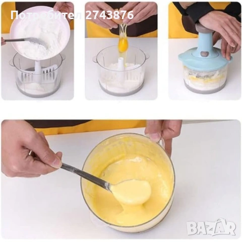  Ръчeн чопър за зеленчуци - капацитет 1.5, пресов тип, без електричество, с бъркалка за яйца,3 ножа, снимка 8 - Чопъри и пасатори - 49193593