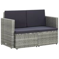 vidaXL 2-местен градински диван с възглавници, сив, полиратан（SKU:45783, снимка 1 - Градински мебели, декорация  - 45557336