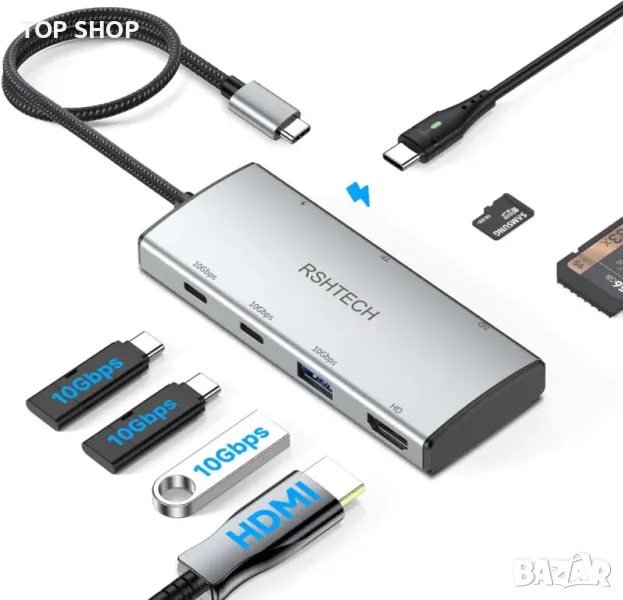 RSHTECH 10Gbps USB C хъб, 7-в-1 USB C многопортов адаптер с 4K HDMI, USB-A 3.2, 2 USB-C 3.2, снимка 1