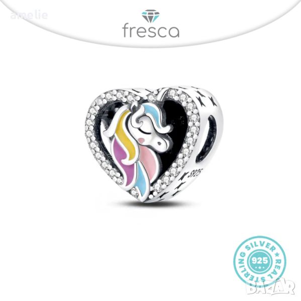 Нова колекция! Талисман Fresca по модел тип Pandora Пандора сребро 925  Multicolor Unicorn in Heart, снимка 1