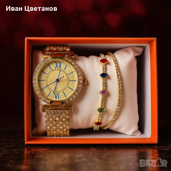 Дамски комплект 3-в-1: Елегантен часовник с две гривни в подаръчна кутия, снимка 1
