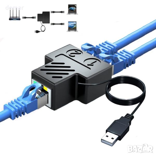 Мрежов сплитер Wuedozue RJ45, 1 към 2 двойни женски RJ45 порт с USB захранващ кабел, снимка 1