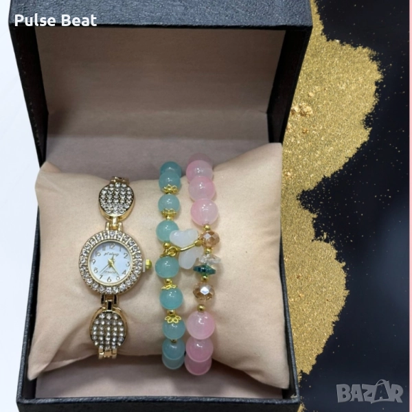 Елегантен дамски комплект аксесоари - часовник с камъни цирконии и 2 броя , снимка 1
