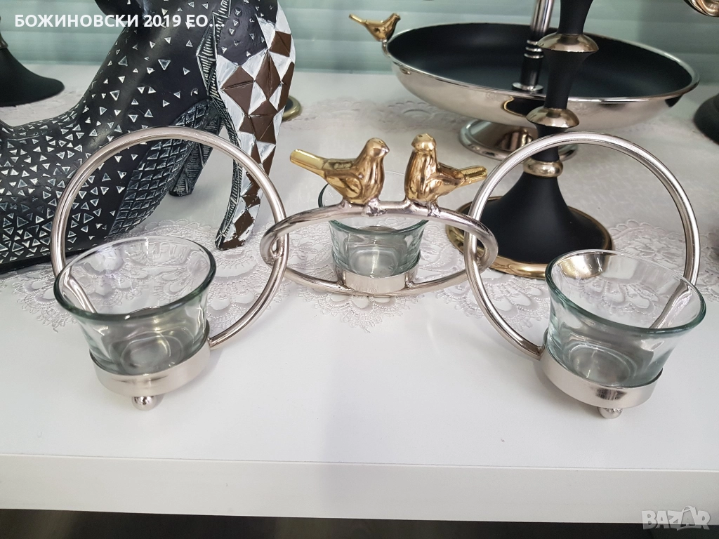Свещник за три чаени свещи - метал и стъкло, снимка 1