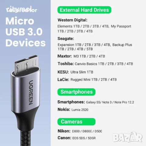 UGREEN USB 3.0 кабел, бърз трансфер на данни и зареждане за Samsung Galaxy, външни твърди дискове, снимка 3 - USB кабели - 46288631