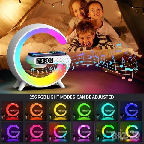 Смарт Нощна G лампа YeahBoom с часовник, аларма и станция за зареждане, Bluetooth високоговорител, снимка 4 - Детски нощни лампи - 51071546